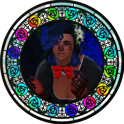 An image of a viera character with dark brown skin and black hair with blue tips. They look on eagerly. They're framed by a stained glass frame with rainbow colored roses.