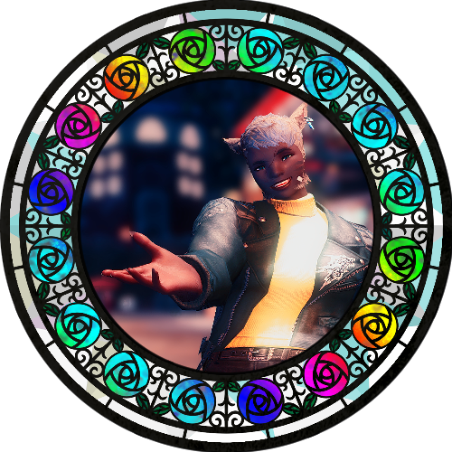 An image of a miqote woman with dark brown skin, cropped grey hair, and sideburns, extending her hand outwards. She's framed by a stained glass frame with rainbow colored roses.