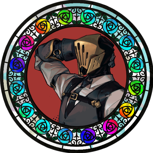 An image of a man (?) with a full metal mask with vertical vents and brass plating. (He's actually a robot.) He's framed by a stained glass frame with rainbow colored roses.