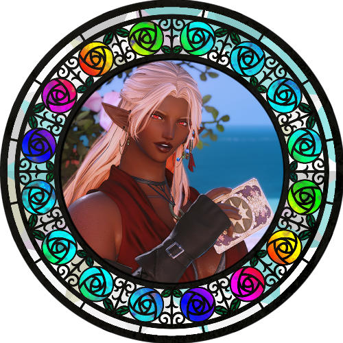 An image of an elezen woman with brown skin and light pink hair, holding an astrologian card and looking on pensively. Se's framed by a stained glass frame with rainbow colored roses.