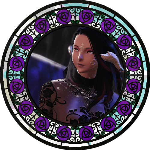 An image of a female raen au ra with light skin, light eyes, and shoulder-length black hair. The image is shadowy with a bit of light coming from behind and up. She's framed by a stained glass frame with purple roses.