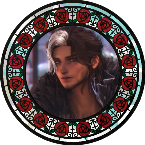 An image of a male hyur with dark tan skin, pale eyes, a faint beard and mustache, and dark brown hair with a white streak near the front. He stares at the camera seriously. He's framed by a stained glass frame with red roses.