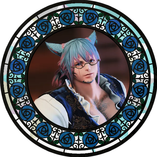 An image of a bulky male miqote with light skin, dark eyes, a beard around his chin and jawline, and silvery-blue hair. He stares at the camera pensively while wearing glasses. He's framed by a stained glass frame with blue roses.