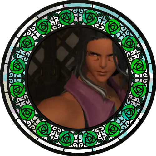 An image of a male miqote with dark tan skin, dark brown hair, and dark eyes. He's in a monk's position with a serious expression on his face. He's framed by a stained glass frame with green roses.