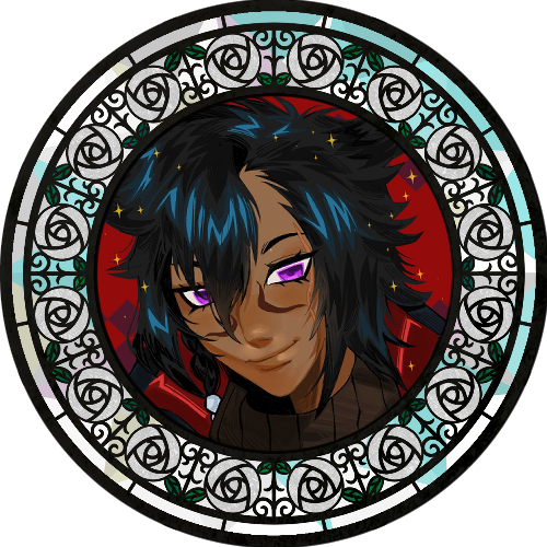 An image of a male miqote with dark brown skin, blue-black hair, and big shiny purple eyes. He's smiling while looking a little askew. He's framed by a stained glass frame with white roses.