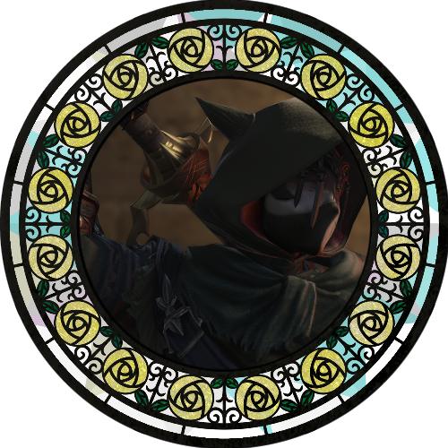 An image of a masked stranger with cat ear shapes on her hood, holding a large weapon behind her. She's framed by a stained glass frame with yellow roses.