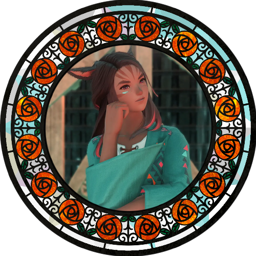 An image of a female miqote with tan skin, dark eyes, and brown hair with orange highlights. She's looking off to the side in a thinking pose. She's framed by a stained glass frame with orange roses.
