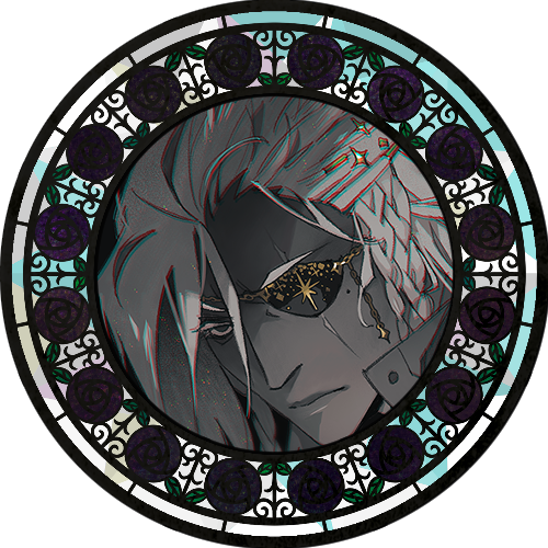 A greyscale image of a male viera, presumably with white hair and darker skin. He has an eyepatch covering a straight, long scar and looks angrily towards the camera. He's framed by a stained glass frame with black (really, just very, very dark purple) ros