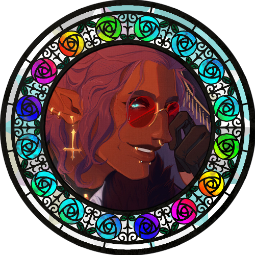 An image of an Elezen man with brown skin, purple hair, red rounded shades, and multiple gold piercings. He's smiling. He's framed by a stained glass frame with rainbow colored roses.
