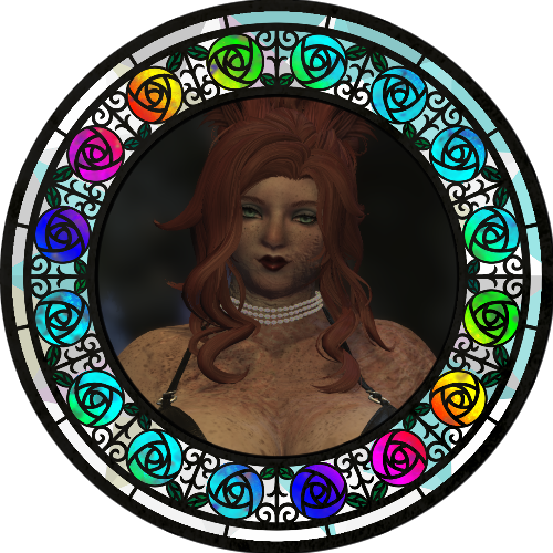 An image of a viera woman with light skin, red hair, and burn scars along the left side of her body. She's framed by a stained glass frame with rainbow colored roses.