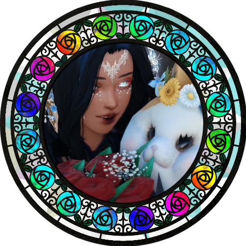 An image of a au ra character with tan skin, black hair, and white eyes. Next to them is a plump calico cat. They're framed by a stained glass frame with rainbow colored roses.
