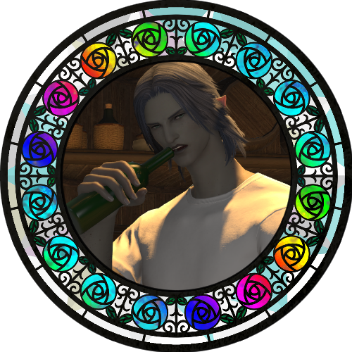 An image of an elezen man with lightish skin and mid-length grey hair, holding a booze bottle to his lips while looking on disdainfully. He's framed by a stained glass frame with rainbow colored roses.