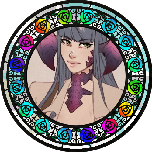 An image of an au ra woman with light skin and long purple hair. She looks to the side amused. She's framed by a stained glass frame with rainbow colored roses.