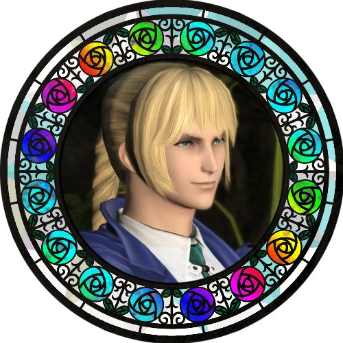 An image of a hyur man with light skin and blonde hair. He looks off to the distance, determined. He's framed by a stained glass frame with rainbow colored roses.